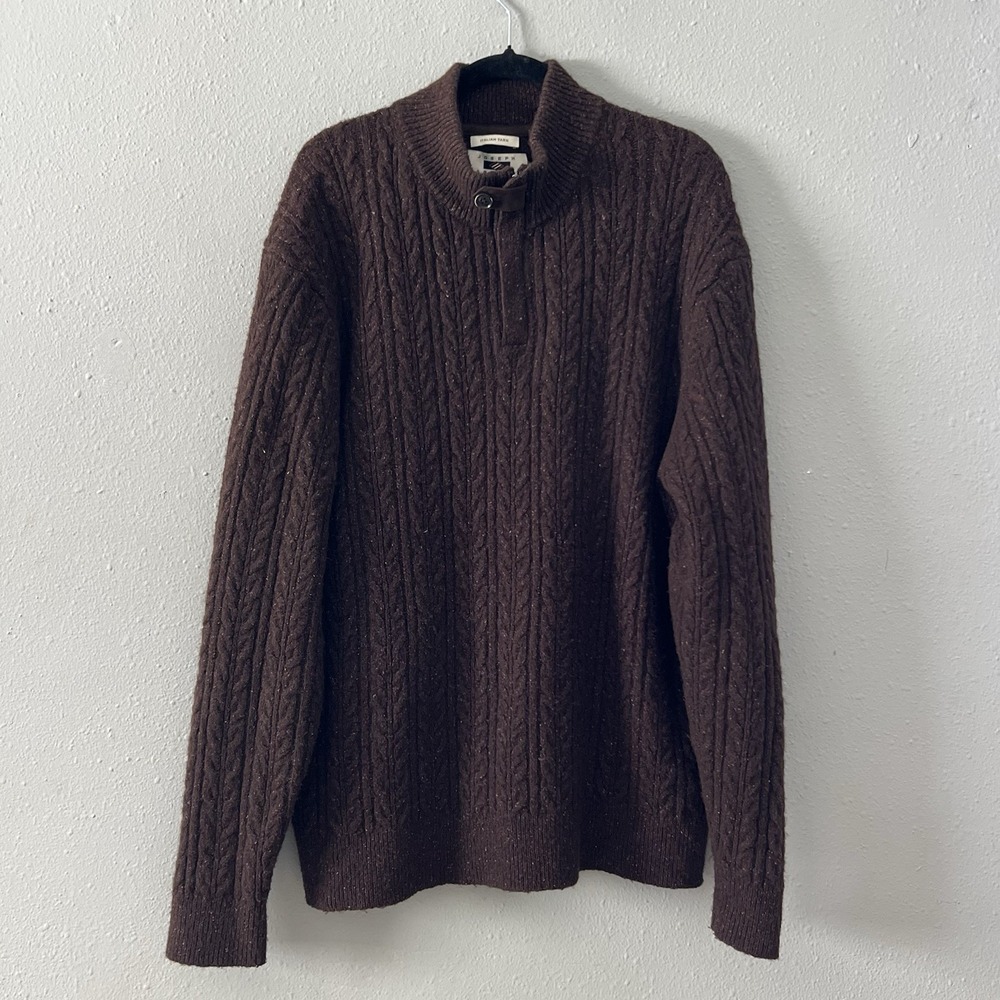 Joseph Abboud Sweater Men's XL Chocolate Brown Cable Knit Elbow Patch Wool Blend